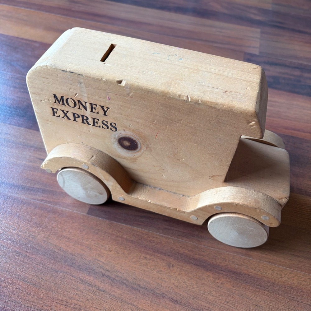 Handmade‎ Wooden Money Express Armored Truck Piggy Bank Coin Box Natural Wood